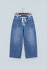 Beau Blue Solid Patchwork Grommet Tie Waist Loose Ankle-Length Jeans