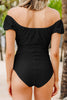 Black Elastic Neckline Short Sleeve One Piece Swimsuit