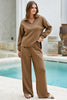 Coffee Solid Color V Neck Top and High Waist Pants Set