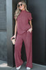 Burgundy Twisted Ribbed High Neck Loose Tee Elastic High Waist Loose Pant Set