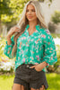 Green Floral Lantern Sleeve Button Front Shirt