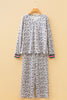 Gray V Neck Leopard Long Sleeve Top Striped Webbing Patchwork Drawstring Pant Set