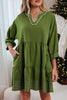 Jungle Green Contrast Stitched V Neck 3/4 Sleeve Tiered Mini Dress
