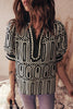 Black Geometric Print Contrast Scallop Color Block Patchwork Short Sleeve Blouse