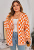 Orange Checkered Bubble Sleeve Drop Shoulder Open Cardigan