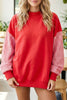 Pink Plaid Sleeve Colorblock Loose Tunic Sweatshirt