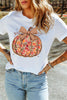 White Floral Pumpkin Print Round Neck Short Sleeve T-Shirt