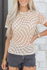 Khaki Checkered Print Mock Neck Mesh T Shirt