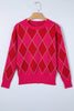 Rose Red Glitter Rhombus Pattern Knit Womens Casual Sweater