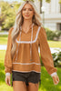 Straw Yellow Split Neck Pleated Floral Trim Long Puff Sleeve Blouse