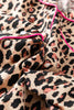 Light French Beige Leopard Print Contrast Trim Long Sleeve Shirt Drawstring Ruffle Hem Short Set