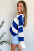 Blue Stripe Colorblock Polo Collar Eyelet Crochet Knitted Sweater