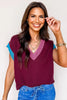 Burgundy Contrast Trim V Neck Cuffed Short Sleeve Loose Sweater