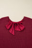 Red Dahlia Ribbed Knit Ribbon Knot Backless Drop Shoulder Sweater