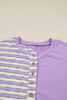 Purple Stripe Patchwork Buttoned Drop Shoulder Plus Size Pullover