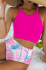 Rose Tropical Leaf Print High Waisted Bikini Swimsuit