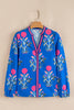 Blue Floral Print Contrast Striped Trim Notched Neck Long Sleeve Blouse