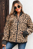 Khaki Leopard Print Zip Up Stand Neck Side Pocket Jacket