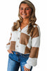 Khaki Checkered Pattern Ribbed Detail Button V Neck Sweater Cardigan