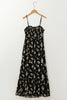Black Floral Spaghetti Strap Shirred Bodice Tied Empire Waist Maxi Dress