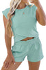 Mist Blue Solid Short Sleeve Elastic Waist Pocket Casual Two Piece Short Set