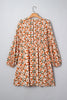 Beige Plus Size Floral Print V Neck Long Sleeve Babydoll Short Dress