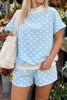 Green Polka Dot Print Color Block Trim Mock Neck Short Set