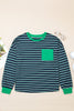Green Stripe Ribbed Color Block Patchwork Crew Neck Patch Pocket Long Sleeve Top