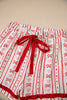 Red Sweet Floral Heart Bow Print Contrast Trim Long Sleeve Shirt Pajama Short Set