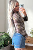 Smoke Gray Floral Print Slim Fit Mesh Long Sleeve Mock Neck Top