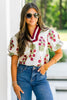 White Floral Short Bubble Sleeve Contrast Slit Neckline Blouse