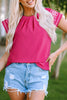 Sachet Pink Floral Embroidered Flutter Sleeve Pleated Neck Blouse