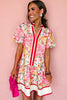 Pink Color Block Floral Print Contrast Trim V Neck Ruffle Hem Mini Dress