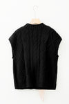 Black Cable Knit Colorblock Satin Bowknot Short Sleeve Sweater