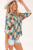 Sky Blue Floral Collared V Neck Roll up Sleeve Shift Blouse