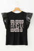 Black GAME DAY Checkered Letter Graphic Leatherette Ruffle Sleeve Top