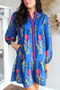 Sky Blue Floral Print Contrast Striped Trim Notched Neck Long Sleeve Dress
