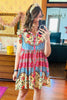Rose Floral Mixed Pattern Ruffle Flutter Sleeve Buttoned Dress