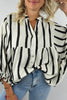 Black Stripe Crinckled Ruffled Sleeve Button up Loose Shirt