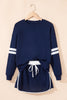 Navy Blue Varsity Stripe Detail Drop Shoulder Pullover Mini Skirt Set