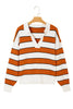 Brown Stripe Ribbed Polo Collar Drop Shoulder Sweater