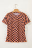Orange Checkered Print Crew Neck Mesh T Shirt
