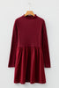 Red Dahlia Frilled Neck Ribbed Knit Patchwork Long Sleeve Mini Dress