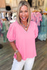 Bonbon Solid Color V Neck Short Puff Sleeve Blouse