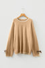 Tan Plus Size Leopard Bow Decor Split Cuffs Loose Sweater