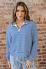 Green Stripe Quarter Zip Collar Pullover Long Sleeve Top