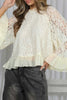 White Sheer Lace Long Sleeve Ruffle Trim Loose Blouse
