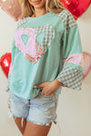 Beige Plaid Floral Peace Heart Graphic Wide Long Sleeve Top