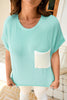 Light Blue Twisted Rib Contrast Pocket Knit Crew Neck Plus Size T Shirt
