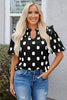 Black Polka Dot Print Shirred Yoke Notched Neck Balloon Sleeve Blouse